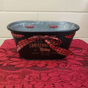 Black and Red Plaid Christmas Tin Planter Basket Farm Fresh Trees Truck